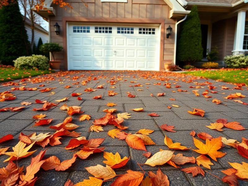 Autumn leaves on driveway near residential garage door during fall season