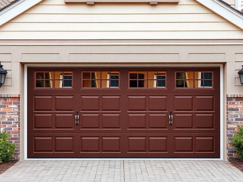 Fire-rated residential garage door with safety certification on traditional home