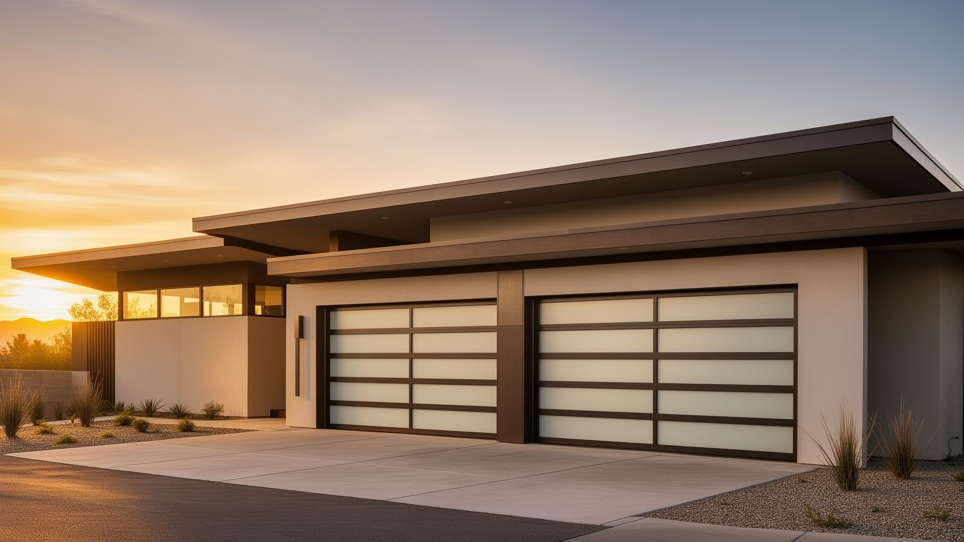 Modern mid-century home with sleek steel garage doors featuring frosted glass panels at golden hour